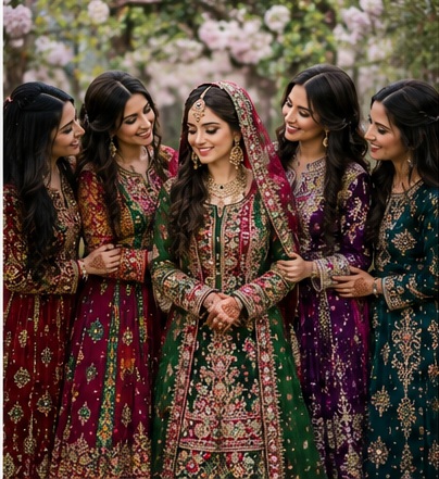 Bridal party in colorful traditional dresses