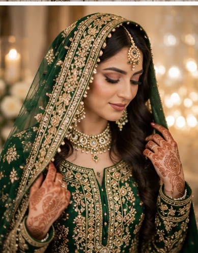 Pakistani bride in green traditional wedding dress